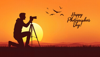 Silhouette of photographer kneeling with camera at sunset background  