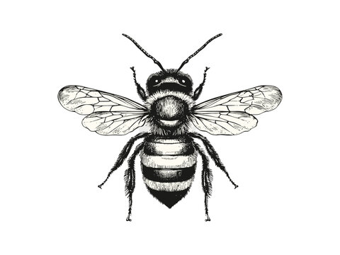 Vintage botanical pollinator sketch, spring bee engraving, seasonal garden artwork, retro line art, insect motif black illustration, old engraving style, trendy nature print, floral design