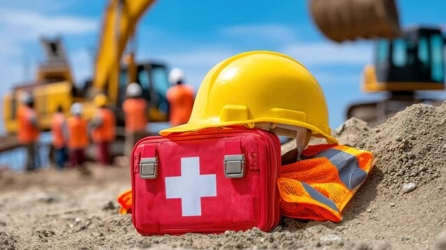 A busy construction site is bustling with workers in orange vests and hard hats. A first aid kit rests on the ground near safety gear, ensuring safety measures are in place
