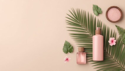 Pale pink bottles of lotion and perfume, a bowl of pink bath salts, tropical leaves and pink flowers arranged on a beige background