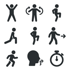 Warm-up Routine Icons. Solid, filled icons set of warm-up routines: jumping jacks, arm circles, leg swings,