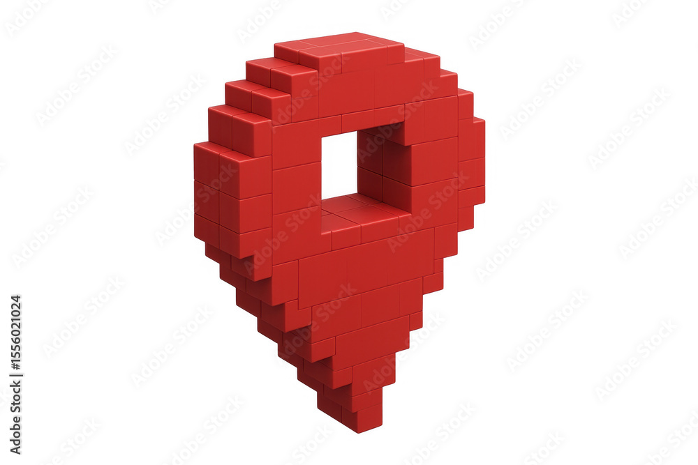 Poster red location pin symbol built with plastic bricks, featuring pixelated design on a transparent backg