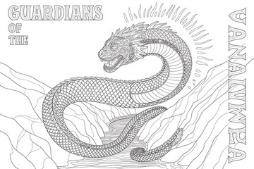 Fototapeta premium Mythical serpent guardian, coiled in mountain pass. 