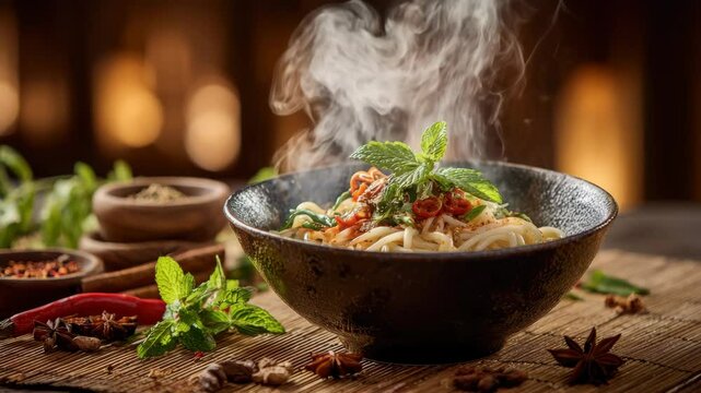 Aromatic steam rises from a beautifully arranged bowl of noodles garnished with fresh herbs and spices on a warm rustic table. The inviting ambiance enhances the overall experience