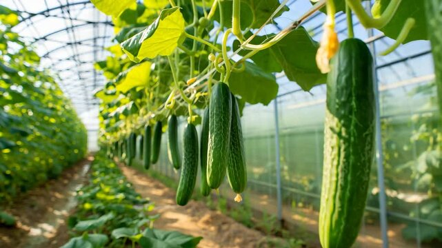 Rows of healthy cucumber plants thrive under the glass of a greenhouse. Farmers tend to their crops while ensuring optimal growth conditions during the warm summer months