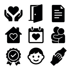 Foster Care Icons. Solid, filled icons set of foster care: heart hands, open door, document, safe home,
