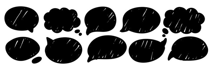 Collection of black speech and thought bubbles with rough texture. Ideal for text placeholders, communication elements, comment sections, comics, and messaging design purposes.