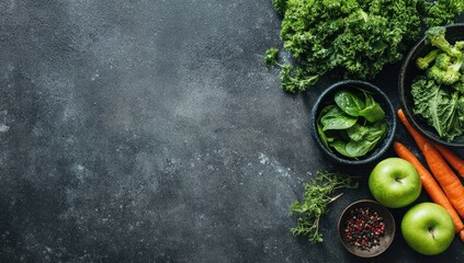 Dark surface displays fresh green vegetables, apples, and spices, leaving ample negative space