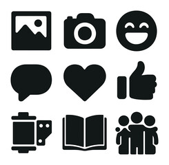Fun Memories Icons. Solid, filled icons set of fun memories: photo frame, camera, laughing face, chat bubble,