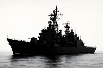 Silhouetted Warship Profile at Sea with Military Radar Systems, Navy Destroyer at Sunset, Strategic Warfare Vessel Military Background