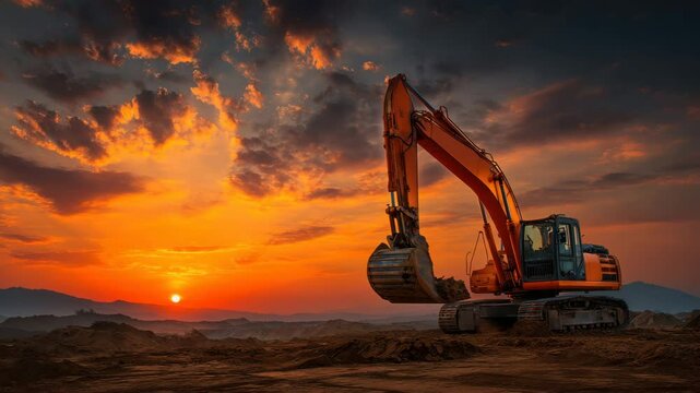 An excavator operates at dusk, digging into the earth while the sun sets in the background. The sky is filled with vibrant hues of orange and purple, creating a dramatic atmosphere