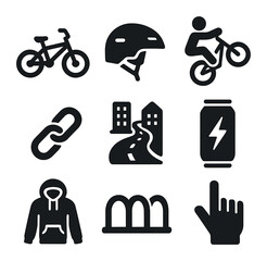 Bike Life Icons. Solid, filled icons set of bike life: BMX bike, helmet, trick icon, chain, city path, energy