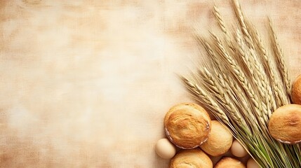 Golden Wheat and Bread Rolls Rustic Bakery Background