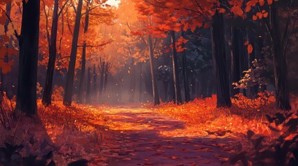 A vibrant autumn forest path with falling leaves and warm sunlight filtering through the trees