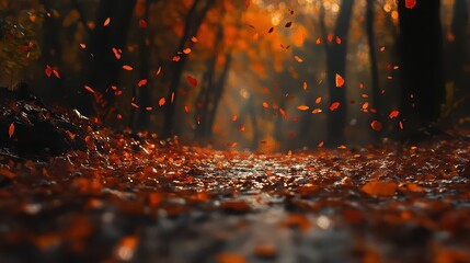 Autumn leaves falling in a forest with a ground covered in leaves and trees in the background