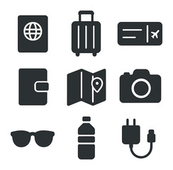 Travel Essentials Grid. Solid, filled icons set of travel essentials: passport, suitcase, boarding pass,