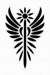 Ornate wings encircle a central staff, stylized sunburst.
