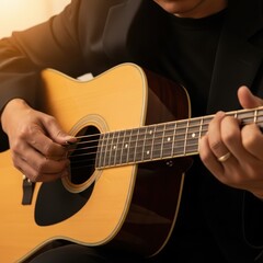 Fototapeta premium Close-up of Man Playing Acoustic Guitar with Sun Flare