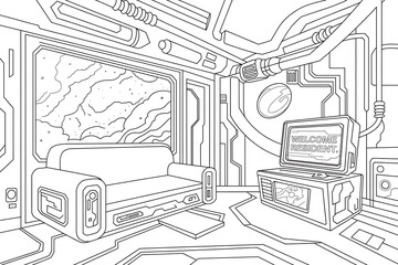 Fototapeta premium Futuristic living room, space station interior, sleek design. 