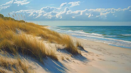 Sunny beach scene with dunes covered in golden grass and a blue sky with fluffy white clouds above
