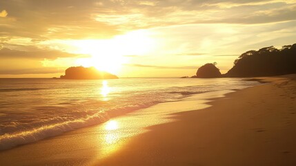 Golden hour illuminates the tranquil beach scene with islands and gentle waves at the shoreline