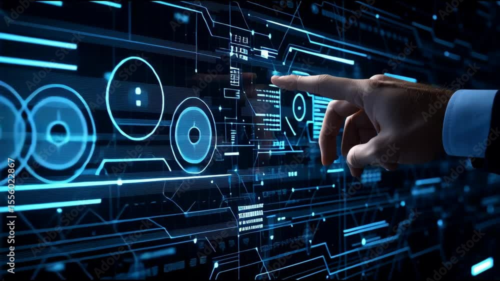 Poster closeup a hand of a man in a suit engages with a virtual display, showcasing data analysis in a slee