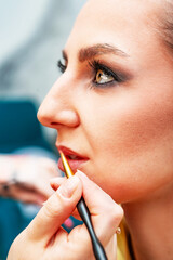 Make-up artist paints the lips of a client. Makeup artist applying make up to a beautiful young...