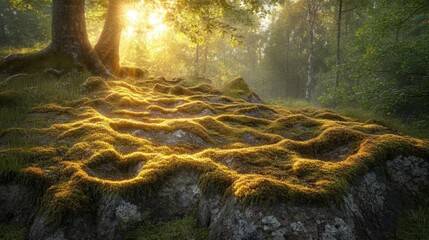 Close-up of an ancient tree trunk with deep, rugged bark, cracks, and moss, bathed in golden light
