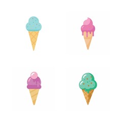 Colorful Ice Cream Set – Four Waffle Cones with Pink, Blue, Purple, and Green Scoops
