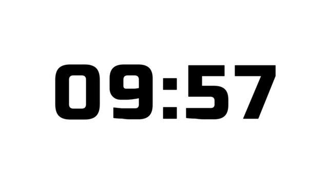 Digital countup clock timer in zero second to 10 minute. White text number on isolated black background. Element for overlay concept. 10 minute countdown timer with black background.