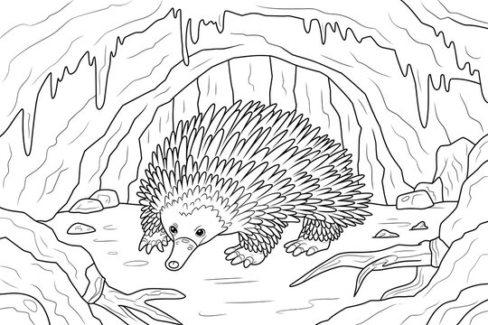 Echidna in a cave, a prehistoric creature.
