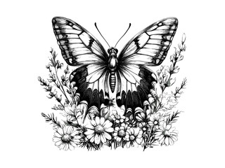 Hand-drawn vintage springtime floral decor, butterfly garden engraving, seasonal nature motif, black sketch style, old engraving technique, trendy botanical illustration, delicate flower art