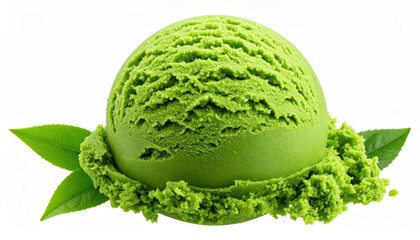 Single scoop of refreshing matcha ice cream with green leaves, isolated on white