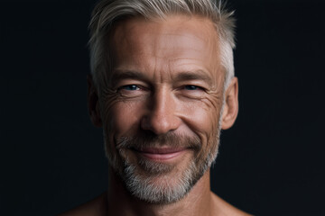 Obraz premium Hyper-realistic close-up of a smiling mature man showing warmth and confidence in a natural portrait