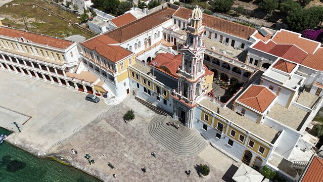 Aerial View of Panormitis Monastery on Symi Island, Greece &ndash; Historic Coastal Church and Bay