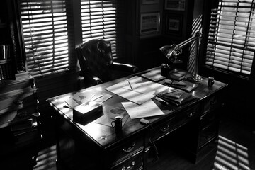Detective workplace with vintage monochrome colors of light. Neural network ai generated
