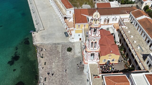 Aerial View of Panormitis Monastery on Symi Island, Greece &ndash; Historic Coastal Church and Bay