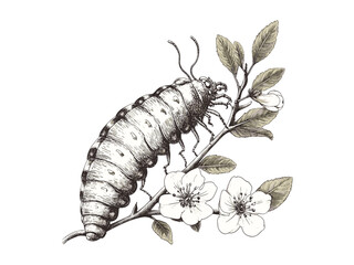 Spring caterpillar engraving, vintage insect drawing, retro hand-drawn style, seasonal garden motif, black line illustration, natural decor, antique scientific sketch, vintage botanical art