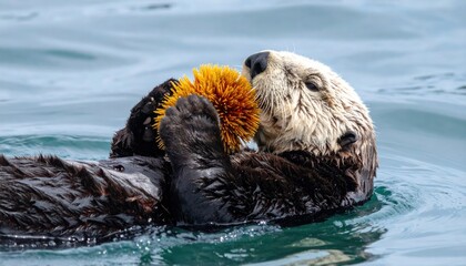 Sea Otter Embracing a Sea Urchin While Floating Peacefully on its Back