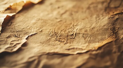 Close up shot of aged and crumpled paper with a textured surface and torn edges in sepia tones