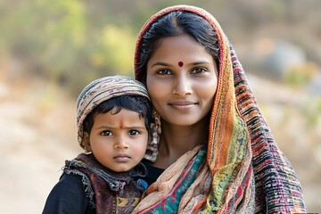 A young Indian woman holds her son close, both wearing colorful traditional attire, showcasing warmth and connection.