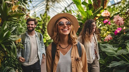 Smiling friends walking through a botanical garden, spring outfits, candid photography, diversity 