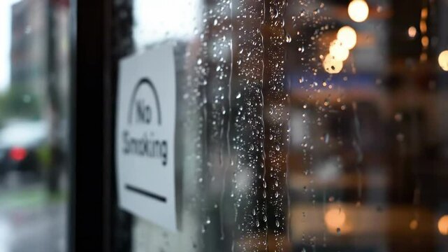 No smoking sign on glass window with raindrops and warm cafe lights perfect for rainy day mood or indoor safety concept