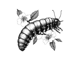 Vintage insect sketch, spring caterpillar engraving, retro hand-drawn style, black line garden motif, natural decor illustration, old engraving style, botanical art print, entomology design