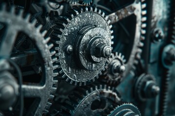 Large system of metal engine gears wheels in connection. Neural network ai generated