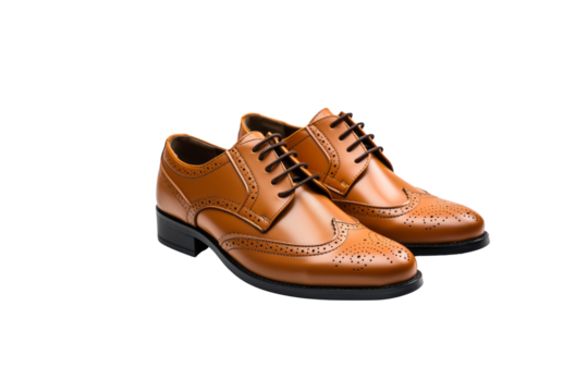 Pair of elegant brown leather brogue shoes with lace-up closure, perfect for formal occasions. background removed