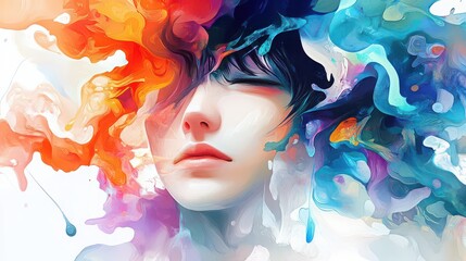 Abstract face portrait with colorful smoke like elements surrounding the head and shoulders area