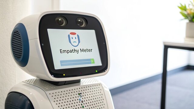Artificial Intelligence in mental healthcare concept Robot with an empathy meter display in a modern setting, showcasing technology in emotional interactions.