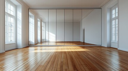 Interior design in minimalistic style room featuring white walls hardwood flooring and a large mirror reflecting