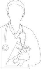 Line drawing of male doctor with stethoscope and document